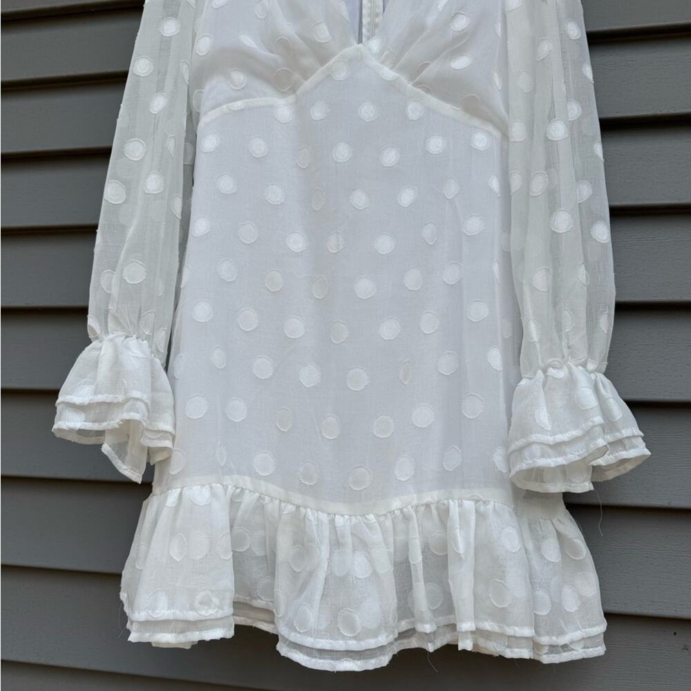 🧡SALE Lulus size M Just Spotted White Polka Dot Ruffled V-Neck Mini Dress - Picture 5 of 12